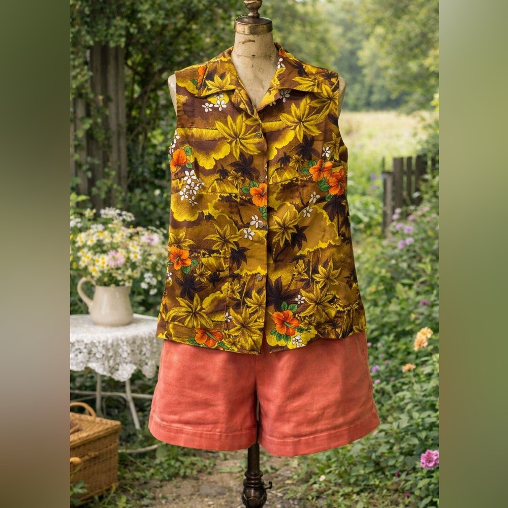 Vintage 1970s Royal Hawaiian sleeveless Hawaiian Print Blouse Made in Hawaii